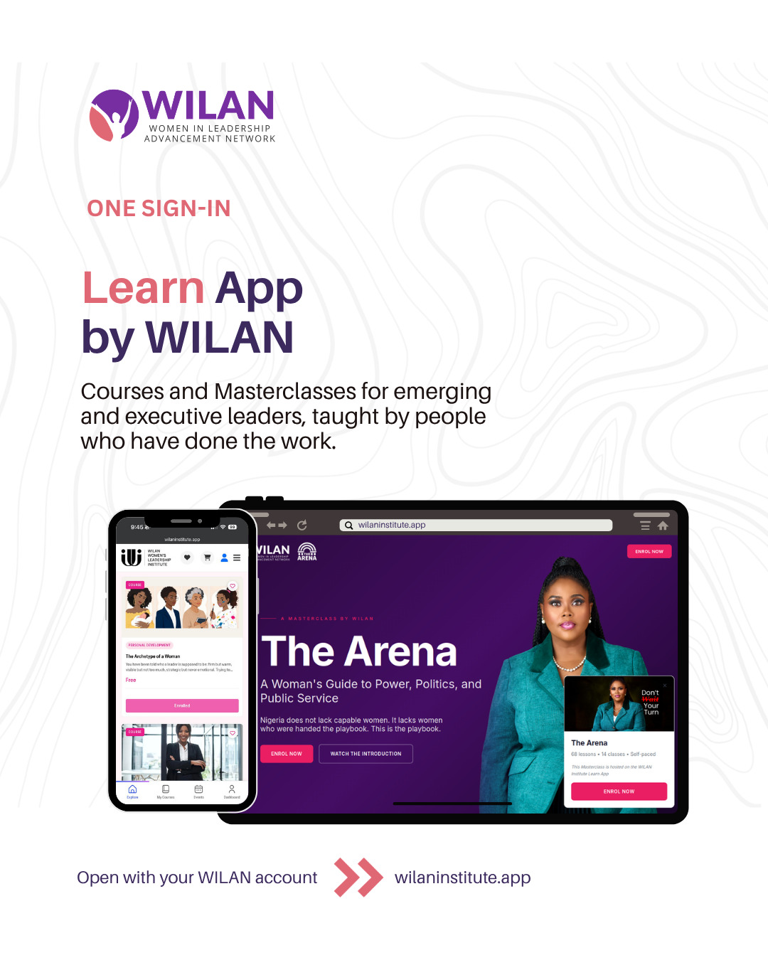 Promotional graphic showing the Learn App by WILAN on a phone and tablet, offering courses and masterclasses for emerging and executive leaders.