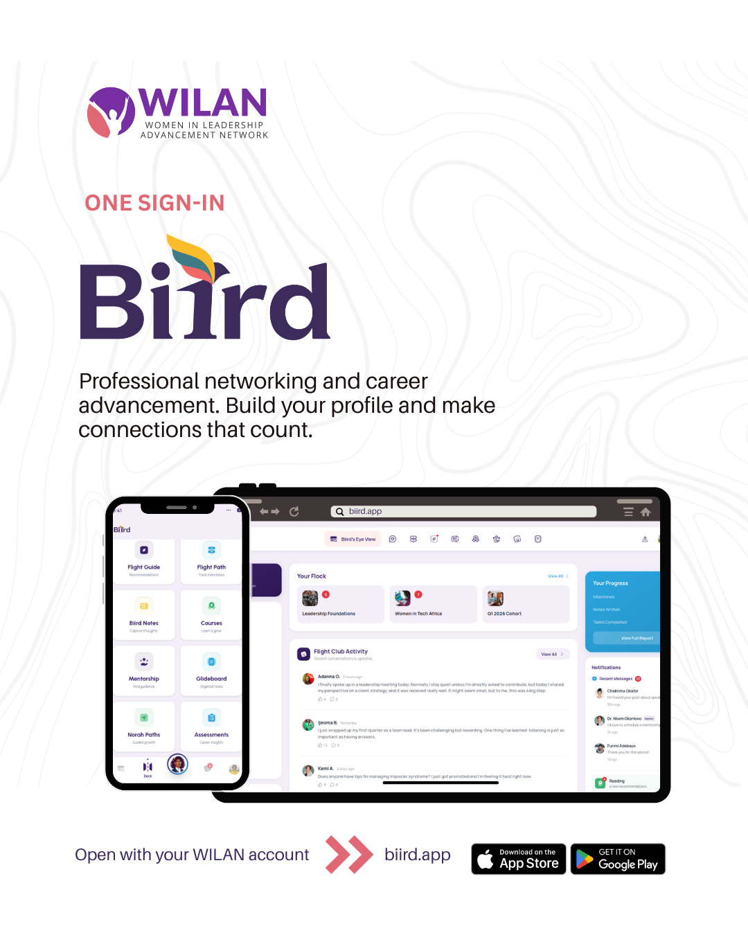 Promotional graphic showing Biiird on a phone and tablet, with tools for professional networking, career development, mentorship and learning.
