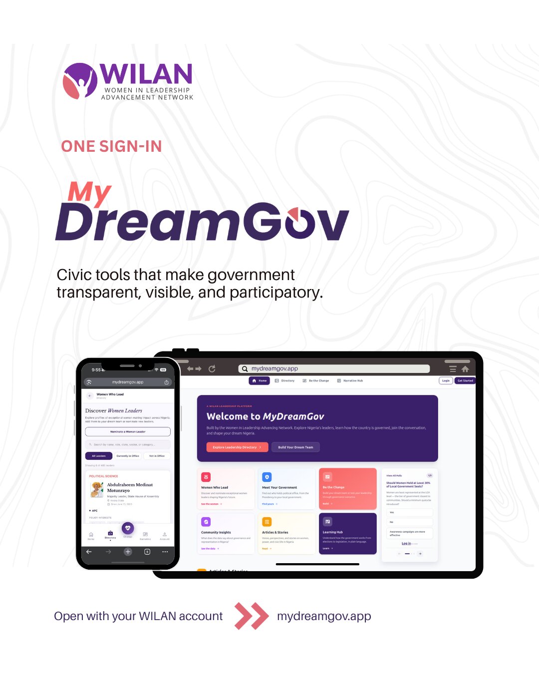 Promotional graphic showing MyDreamGov on a phone and tablet, with civic tools for discovering women leaders and understanding government.